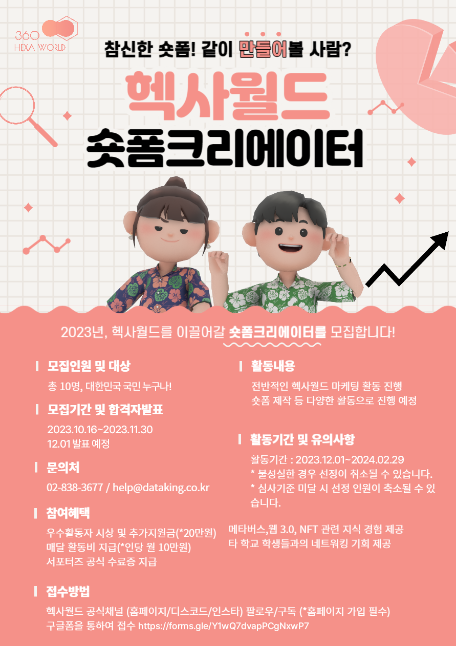 헥사월드를 같이 이끌 3기 서포터즈 “숏폼 크리에이터”를 모집합니다~!
