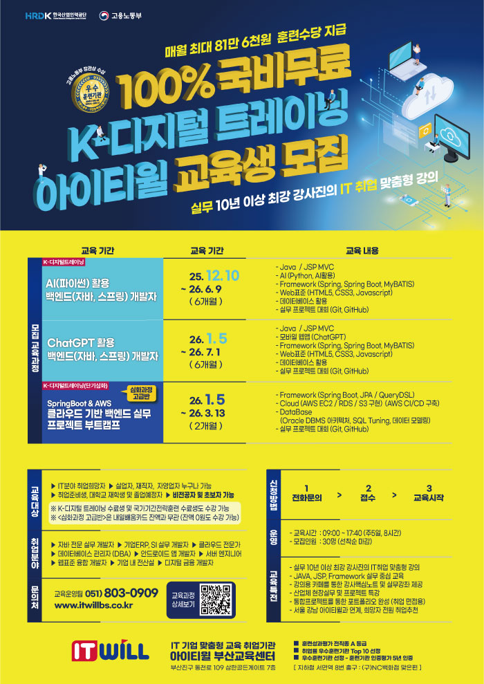 AI(파이썬) 활용 백엔드(자바, 스프링) 개발자 취업교육 부산아이티윌 12월 개강