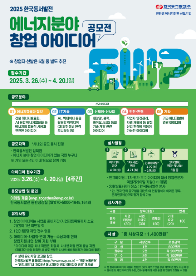 2025년 한국동서발전 에너지분야 창업아이디어 공모전