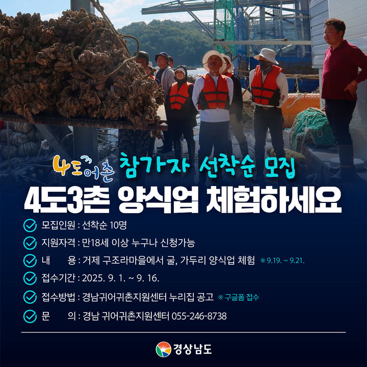 2025년 경남 귀어 4도3어촌 프로그램(양식업 과정) 참가자 모집